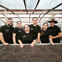 Mayra Solis and her family in their dry mill behind a bed of drying coffee beans