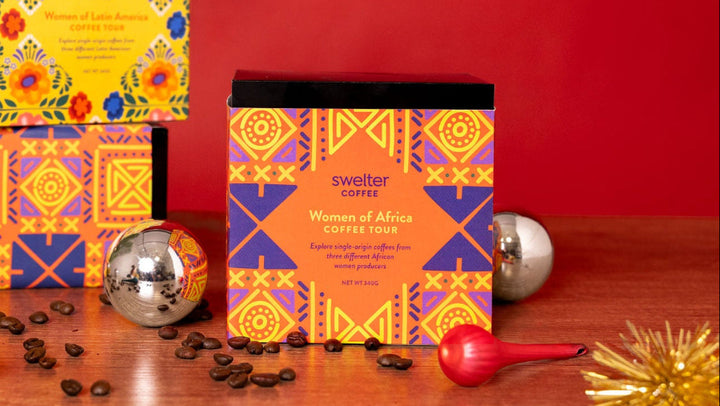Coffee Tour sample box featuring women of Africa - showcasing regions in Ethiopia, Rwanda, and Congo