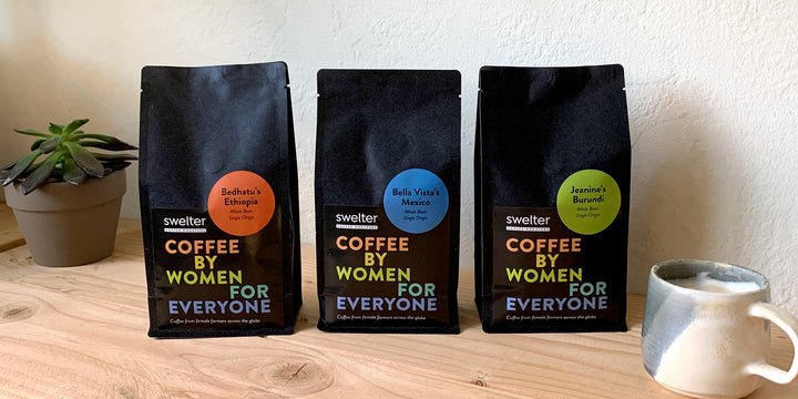 Three of Swelter Coffee's single origin coffee offerings, each 12oz. 