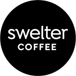 Swelter Coffee logo with white text on a black circle